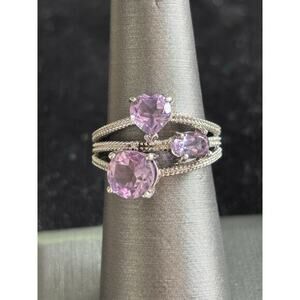 Sterling Silver Three Amethyst Gem Heart Cocktail Bling Ring Sz 6 925